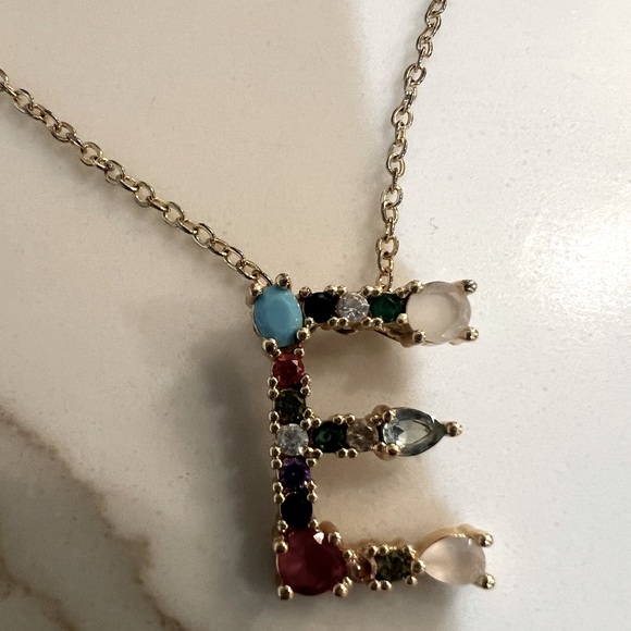 Multi-colored rhinestone initial charm necklace - Letter “E” - Picture 3 of 6